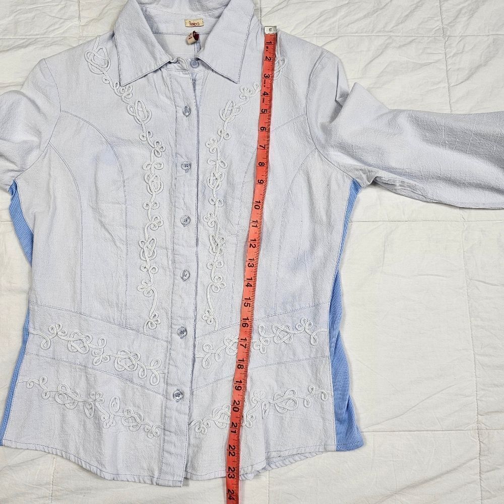 Reba Blue Denim Embroidered‎ Button Down Collar Long Sleeve Top Women's Size S - Picture 11 of 12